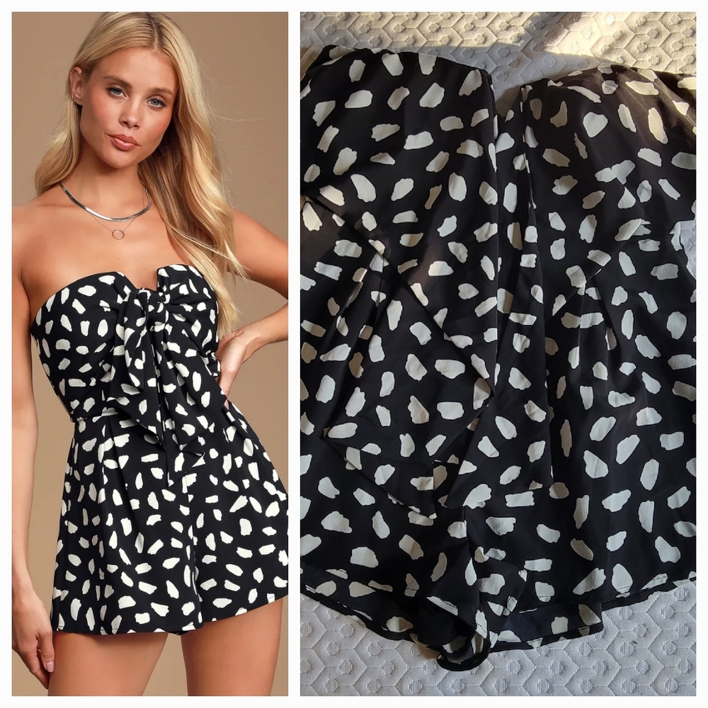 Lulu's Inez Black & White tie front Romper Large
